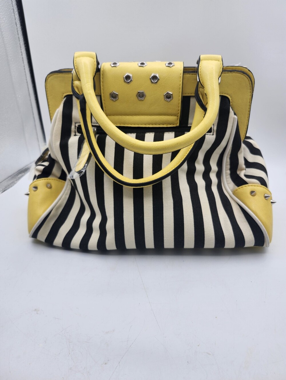 Melie Biiano Yellow Black White Striped Studded Satchel Tassels Luxury Vegan - Picture 3 of 7
